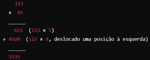 Vamos multiplicar 123 por 45.